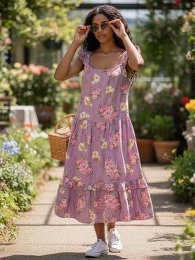 Betsey Johnson Lavender Floral Cotton Ruffle-Trim maxi Dress large